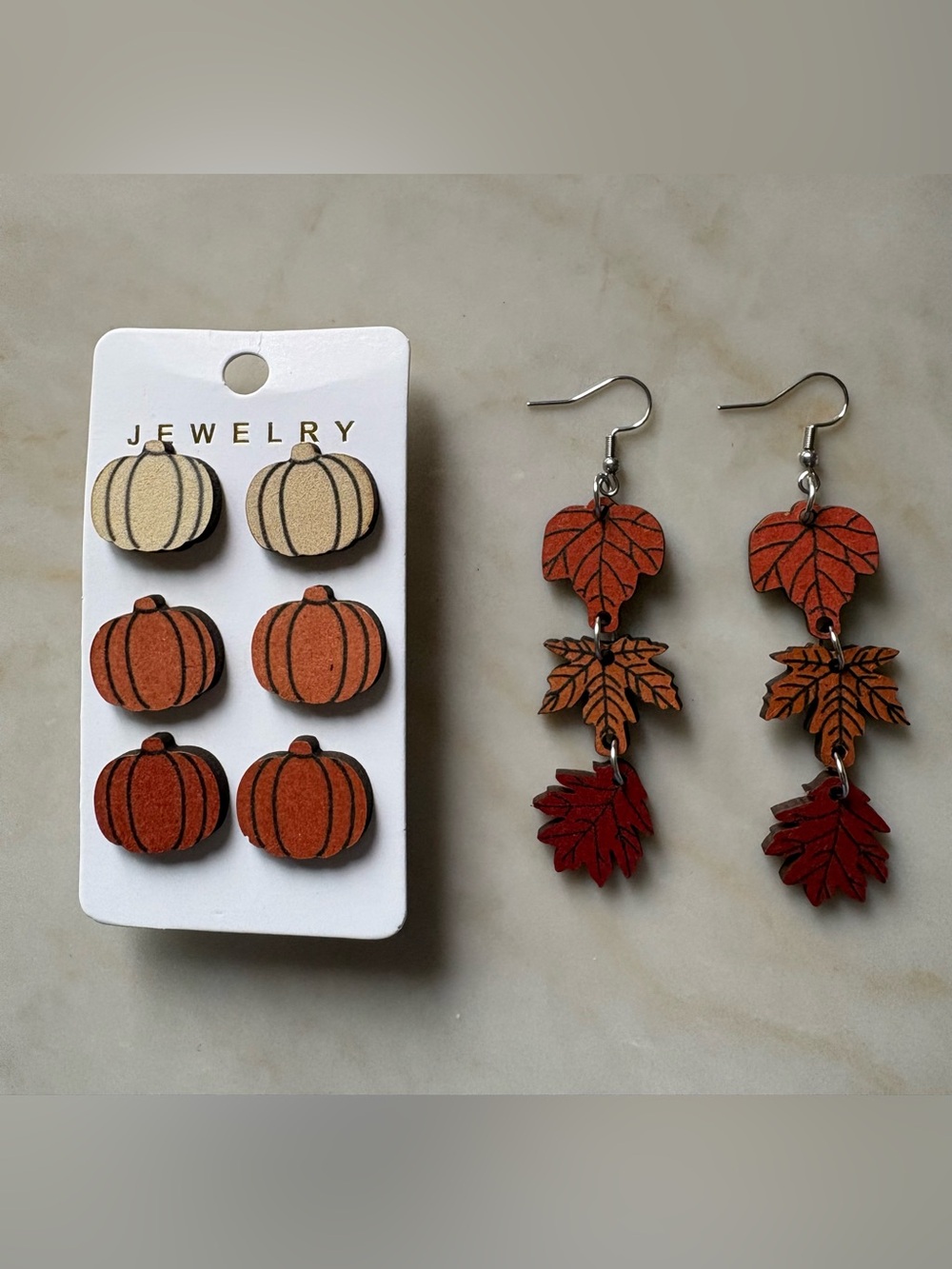 Fall Autumn Leaf and Pumpkin Earrings - wood double sided